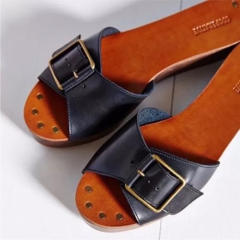 Cooperative Faith black buckle clog slides